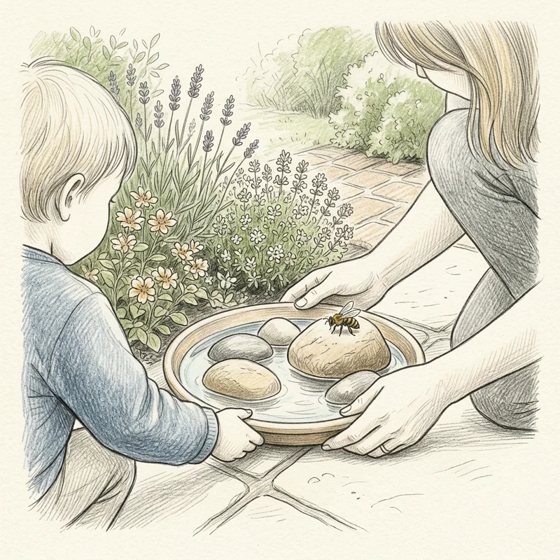 Coloured-pencil sketch of a child and a grown-up setting out a shallow bee water station with dry pebble landing places.