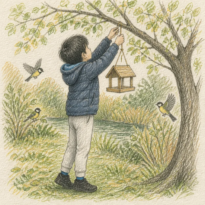 Storybook pencil sketch of a child hanging a bird feeder on a tree branch.