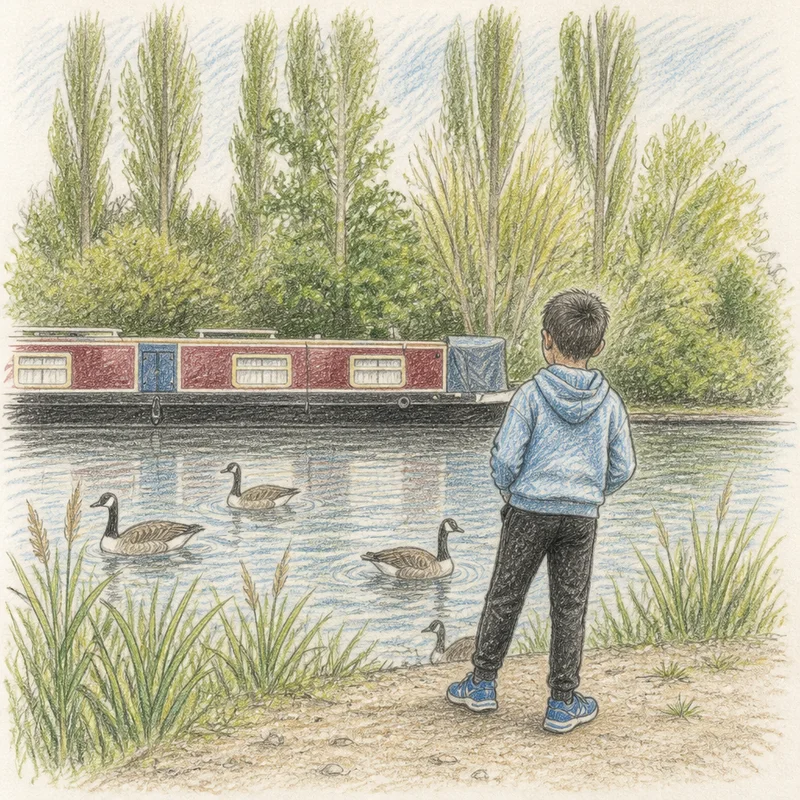 Pencil sketch of a child seen from behind watching water birds beside a river.