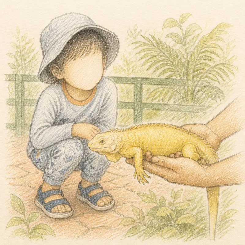 Pencil sketch of a child gently observing a lizard with an adult nearby.