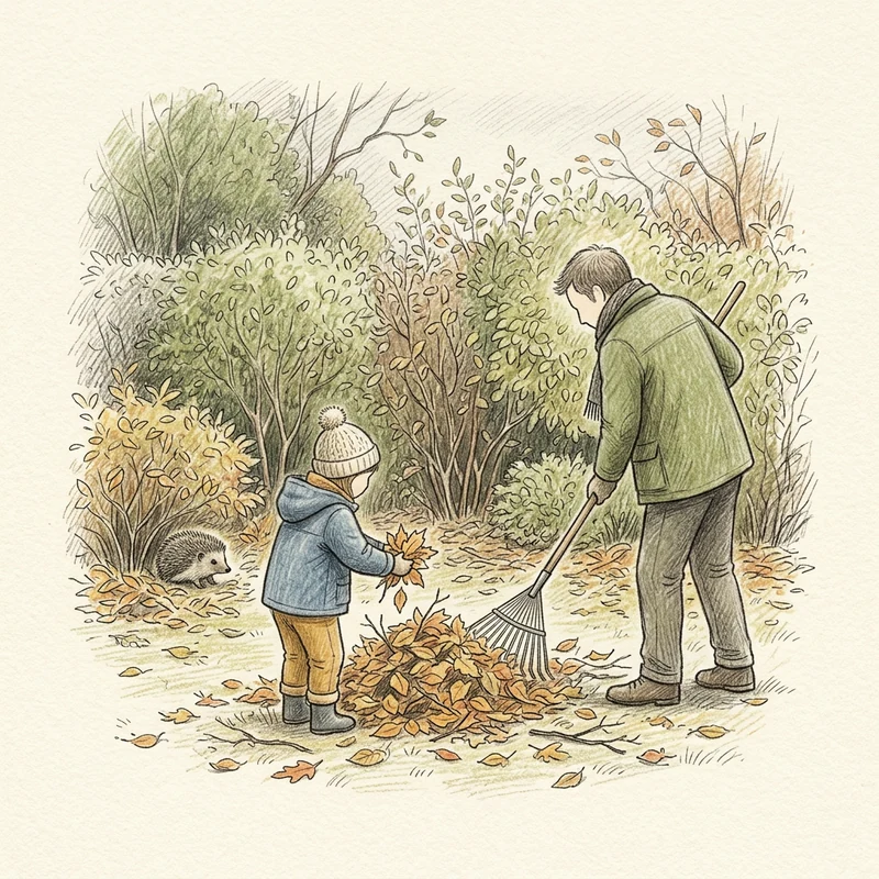 Coloured-pencil sketch of a child and a grown-up making a leaf shelter beside a hedge while a hedgehog watches from a distance.