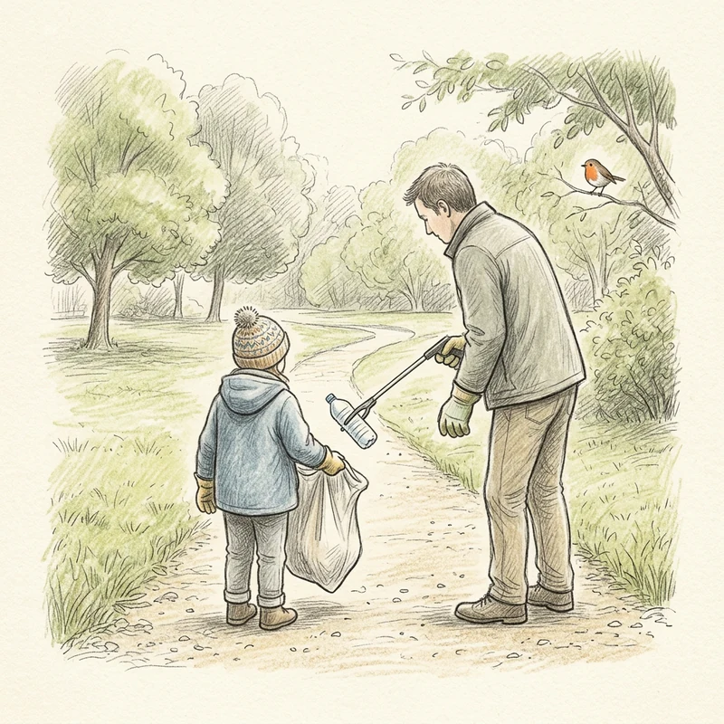Coloured-pencil sketch of a child and a grown-up using a litter picker and gloves to collect a plastic bottle from a dry park path.