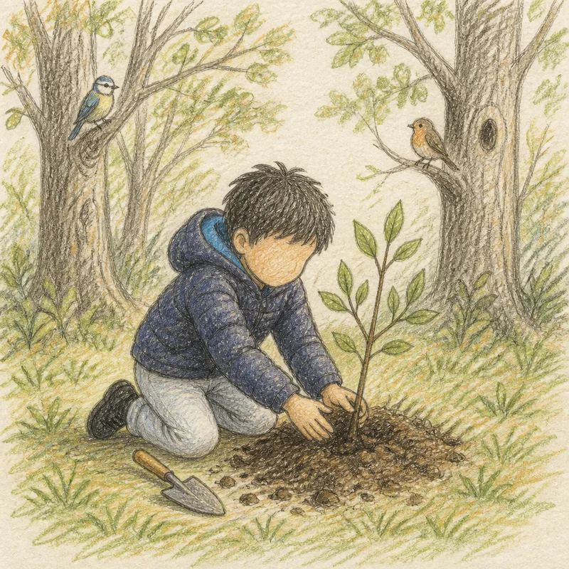 Storybook pencil sketch of a child planting a small tree in a woodland clearing.