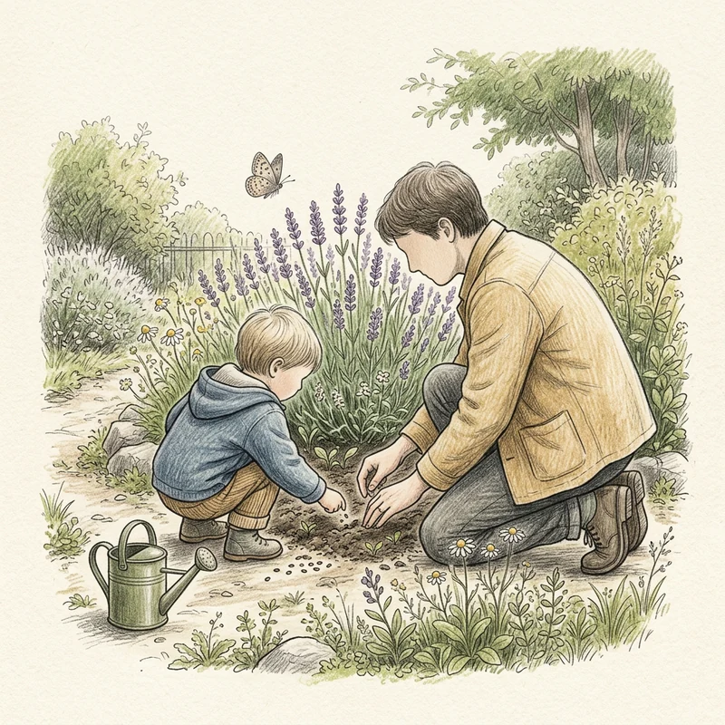 Coloured-pencil sketch of a child and a grown-up planting wildflowers in a garden while a butterfly visits.